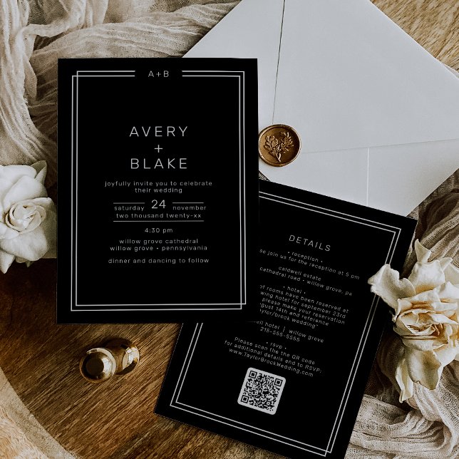 JEWEILS MODERNE Black Double Frame QR Code Hochzei Einladung (AVERY Modern Black Double Frame QR Code Wedding Invitation)