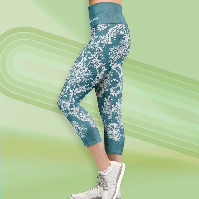 Jewel Blue Grungy Damask Pattername Capri Leggings (Custom Leggings)