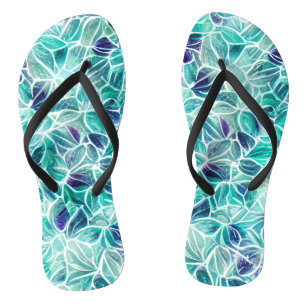 Jewel Blues Leaf Pattern Flip Flops
