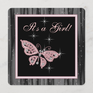 Jewel Butterfly Pink Black Baby Girl Dusche Einladung