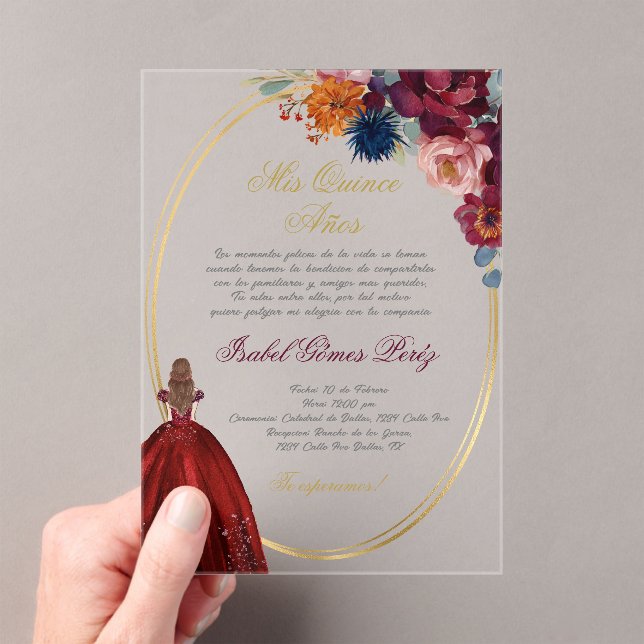 Jewel floral Quinceanera Acryl auf Spanisch Acryleinladungen (Insitu (Handheld))