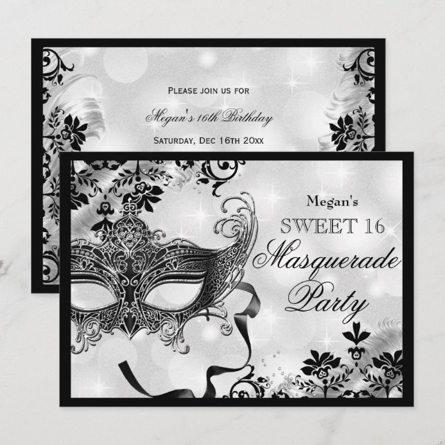 Jewel Mask & Damask Silver Masquerade Sweet 16 Einladung (Vorne/Hinten)