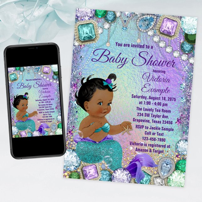 Jewel Mermaid Afrikanische Meerjungfrau Kinderdusc Einladung (Mermaid baby shower invitation with adorable ethnic mermaid baby. For instant download and print.)
