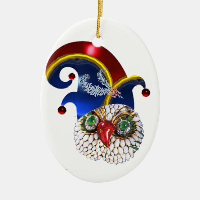 JEWEL OWL UND ELF HAT MIT DIAMOND FEATHERS KERAMIK ORNAMENT (Vorne)