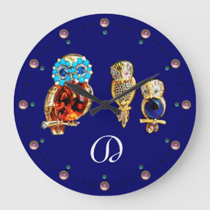 JEWEL OWLS Monogram Gold, Blue Turquase topaz Große Wanduhr