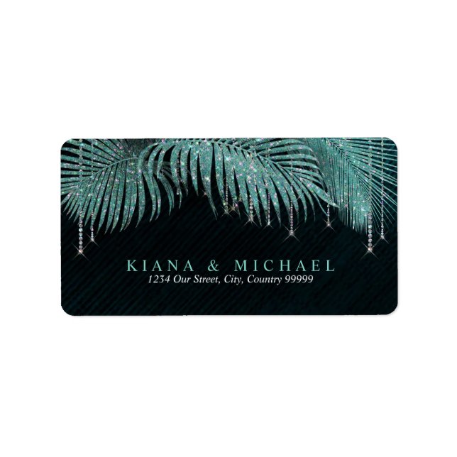 Jewel Palm Leaf Wedding Aquamarin ID830 Adressaufkleber (Vorne)