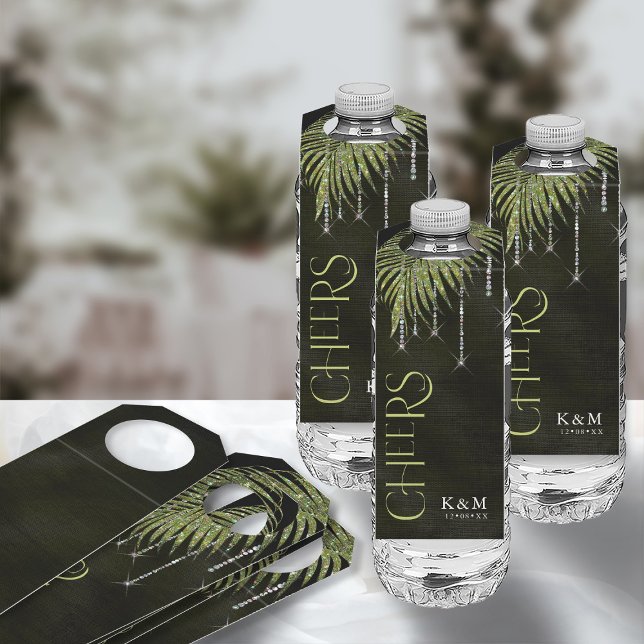 Jewel Palm Leaf Wedding Cheers Green ID830 Flaschenanhänger (Front/Back In Situ)