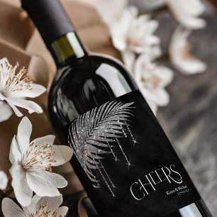 Jewel Palm Leaf Wedding Cheers Silver ID830 Weinetikett
