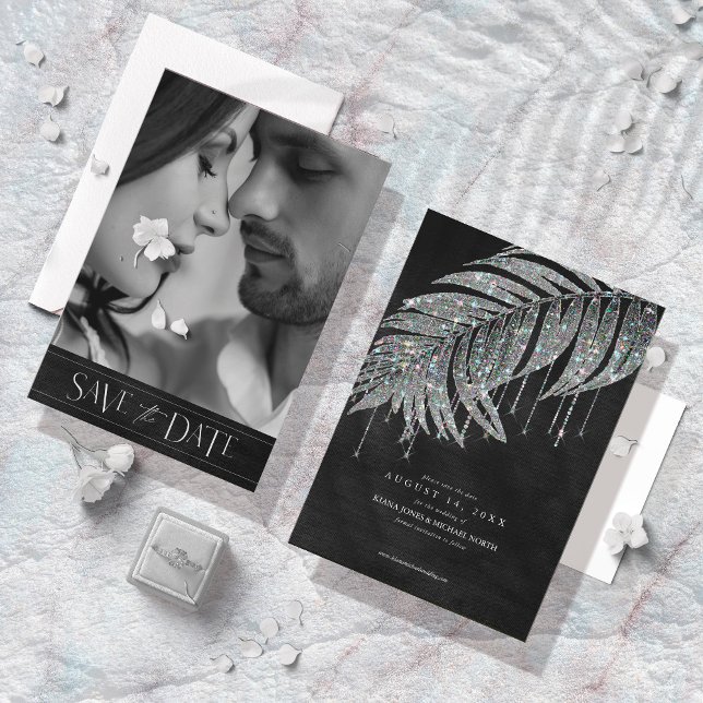 Jewel Palm Leaf Wedding Foto Silver ID830 Save The Date (Von Creator hochgeladen)