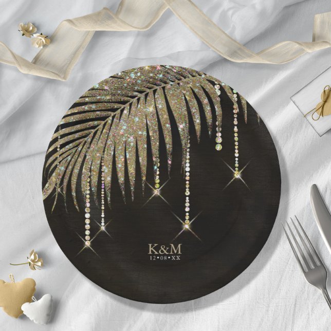 Jewel Palm Leaf Wedding Gold ID830 Pappteller (Von Creator hochgeladen)