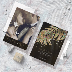 Jewel Palm Leaf Wedding Gold ID830 Save the Date