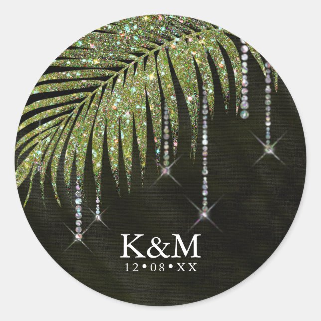 Jewel Palm Leaf Wedding Green ID830 Classic Round Runder Aufkleber (Vorderseite)