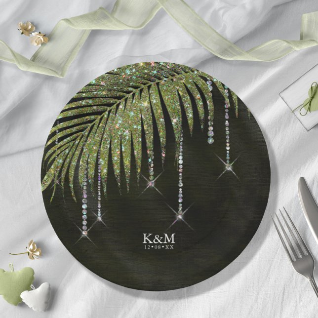 Jewel Palm Leaf Wedding Green ID830 Pappteller (Von Creator hochgeladen)