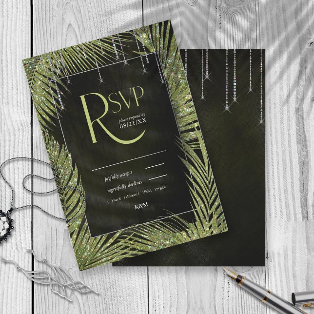 Jewel Palm Leaf Wedding Green ID830 RSVP Karte (Von Creator hochgeladen)