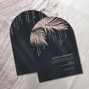 Jewel Palm Leaf Wedding Rose Gold/Navy Arch ID830 Einladung