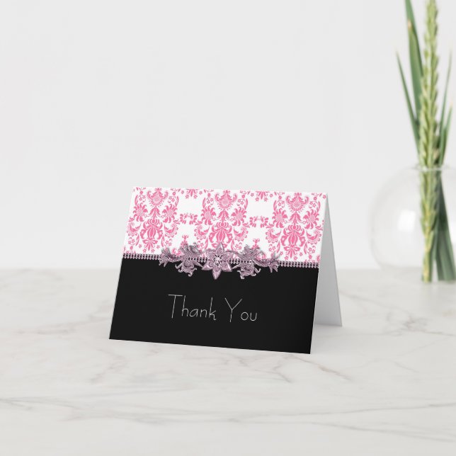 Jewel Pink Black Damask Vielen Dank Karten (Vorderseite)