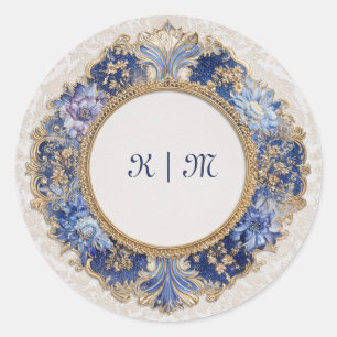Jewel-Ton Blau Damast Gold Barock Hochzeit Runder Aufkleber