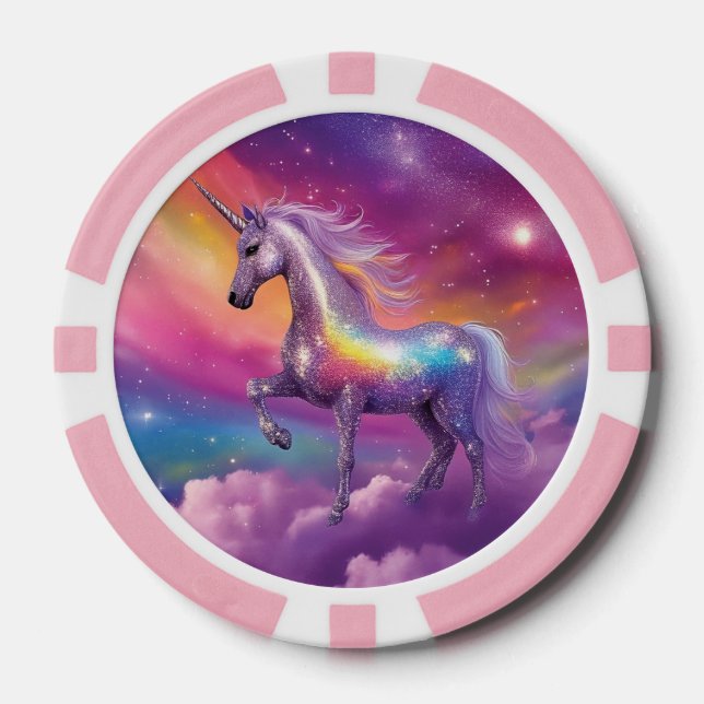 Jewel Tone Cosmic Sparkle Rainbow Glitzer Unicorn Pokerchips (Vorderseite)