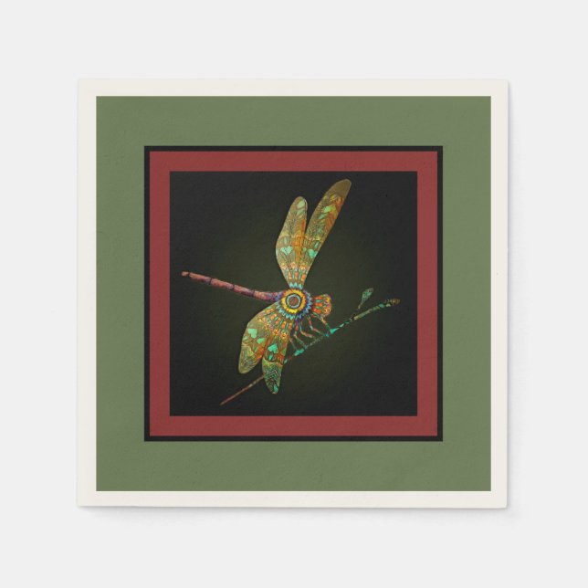 Jewel Tone Dragonfly Meets Mandala on Olive Green Serviette (Vorderseite)