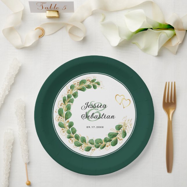 Jewel Tone Emerald Green & Gold Eucalyptus Wedding Pappteller (Hochzeit)