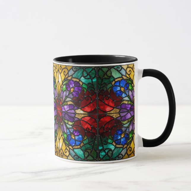 Jewel Tone Floral Stained Glass Art Mug Tasse (Rechts)