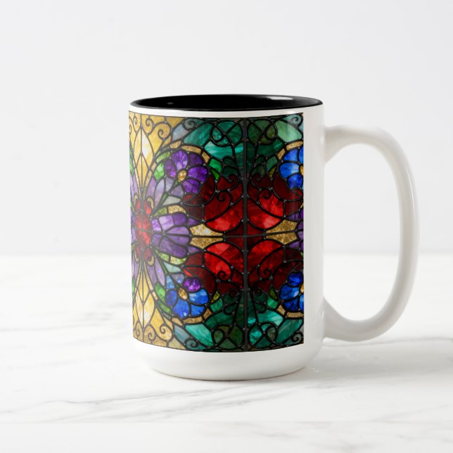 Jewel Tone Floral Stained Glass Art Mug Zweifarbige Tasse (Rechts)