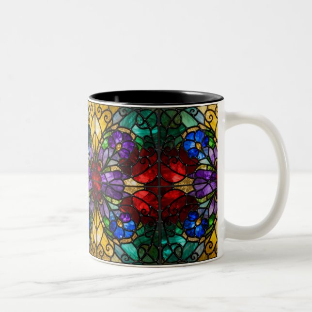 Jewel Tone Floral Stained Glass Art Mug Zweifarbige Tasse (Rechts)