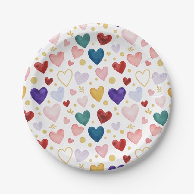 Jewel Tone Jubilee Watercolor Hearts Pappteller (Vorderseite)