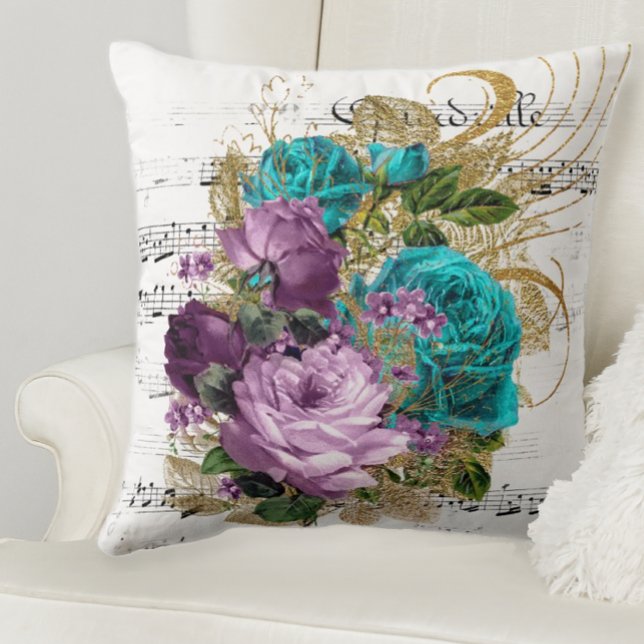 Jewel Tone Rose Kissen (Purple and teal floral throw pillow)