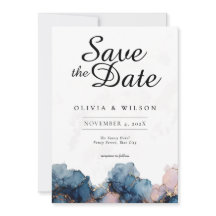 Jewel Tone Save the Date Card, Navy Blue Rose Gold
