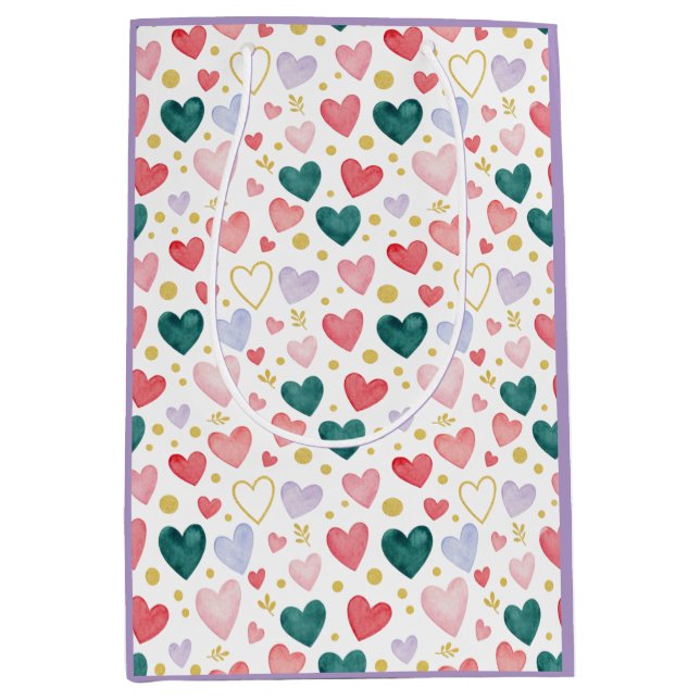 : Jewel-Tone Whimsy: Watercolor Hearts & Golden Mittlere Geschenktüte (Vorderseite)