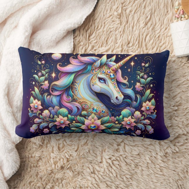 Jewel Toned Unicorn Floral Fantasy Lendenkissen (Decke)