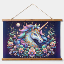 Jewel Toned Unicorn Floral Fantasy Wandteppich Mit Holzrahmen