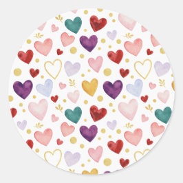 Jewel-Toned Watercolor Hearts & Gold Botanical Runder Aufkleber