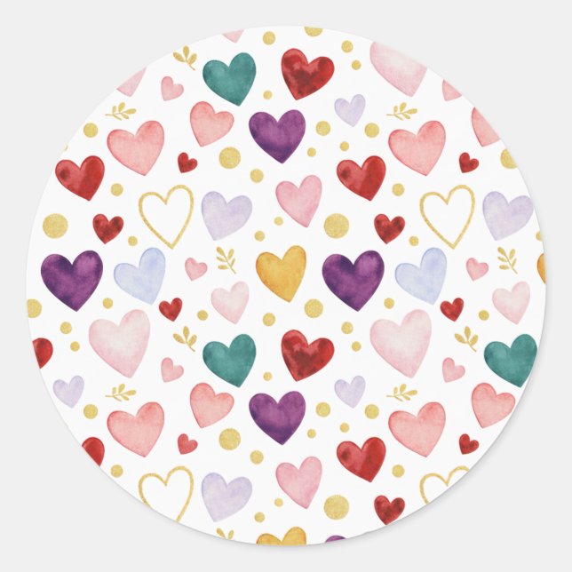 Jewel-Toned Watercolor Hearts & Gold Botanical  Runder Aufkleber (Vorderseite)