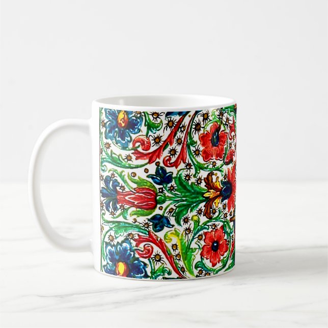 Jewel Tones Mittelalterliches Manuskript-Blume Sku Kaffeetasse (Links)