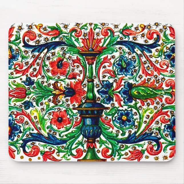 Jewel Tones Mittelalterliches Manuskript-Blume Sku Mousepad (Vorne)