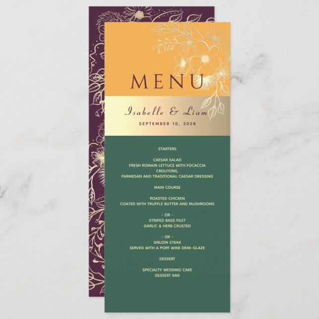 Jewel Tones Wedding Menu Menükarte (Vorne/Hinten)