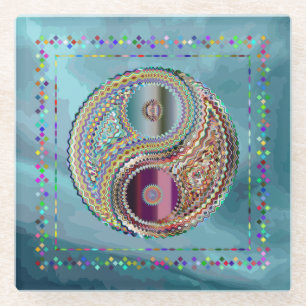 Jewel Tones Yin-Yang Symbol Prismatic Border Sky Glasuntersetzer