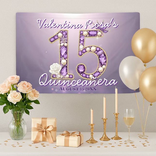 Jeweled Amethyst & Pearl White Rose Quinceañera Banner (Von Creator hochgeladen)