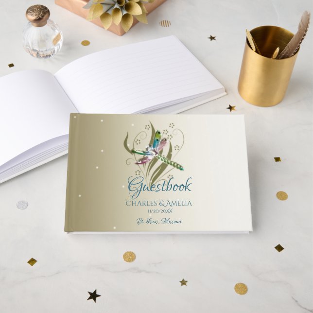 Jeweled Dragonfly Wedding Day Guestbook Gästebuch (Vorderseite Offen)