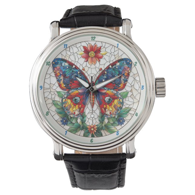 Jeweled Garden Stained Glass Butterfly Floral  Armbanduhr (Vorderseite)
