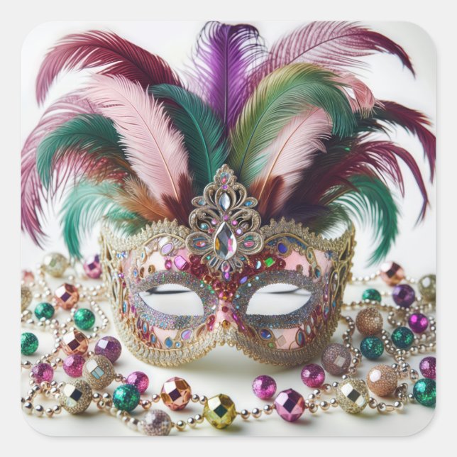 Jeweled Mardi Gras Mask Quadratischer Aufkleber (Vorderseite)