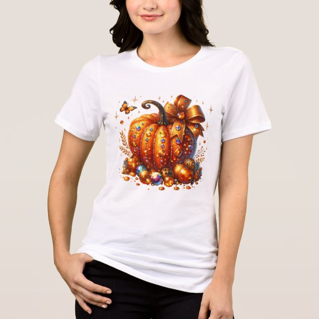 Jeweled Pumpkin With Gems and Bow Art T-Shirt Tri-Blend Shirt (Vorderseite)