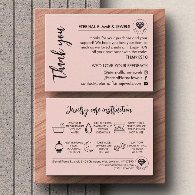 Jewelry Care White Chic Script Pink Thank You Card Visitenkarte (Von Creator hochgeladen)