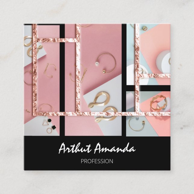 Jewelry Luxury Gold Pearl Rose Rosa Rahmen Mode Quadratische Visitenkarte (Vorderseite)