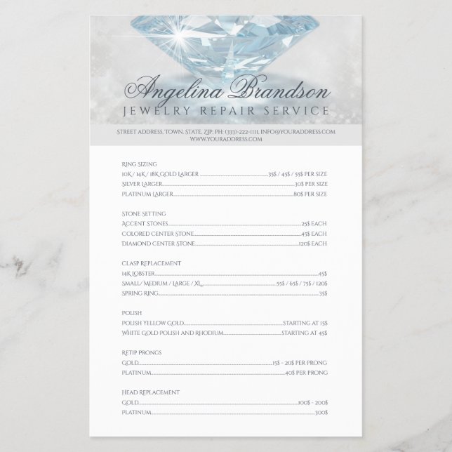 Jewelry Repair Price List Sparkling Diamond Flyer (Vorne)