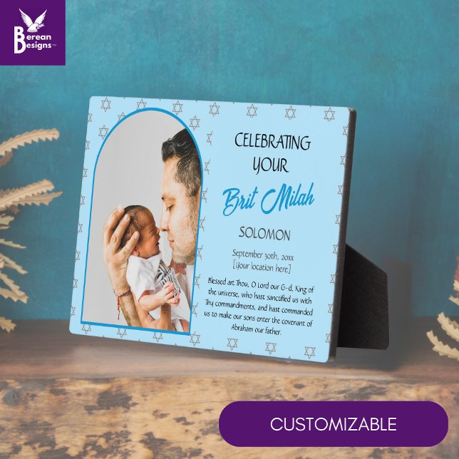 JEWISH BABY SON Individuelle Name Foto BRIT MILAH Fotoplatte (Cute Jewish baby boy BRIT MILAH plaque with CUSTOMIZABLE TEXT and PHOTO to celebrate your baby)