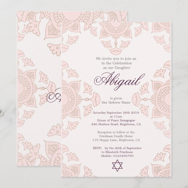 Jewish Girl Custom Baby Naming Pink Einladung (Vorne/Hinten)