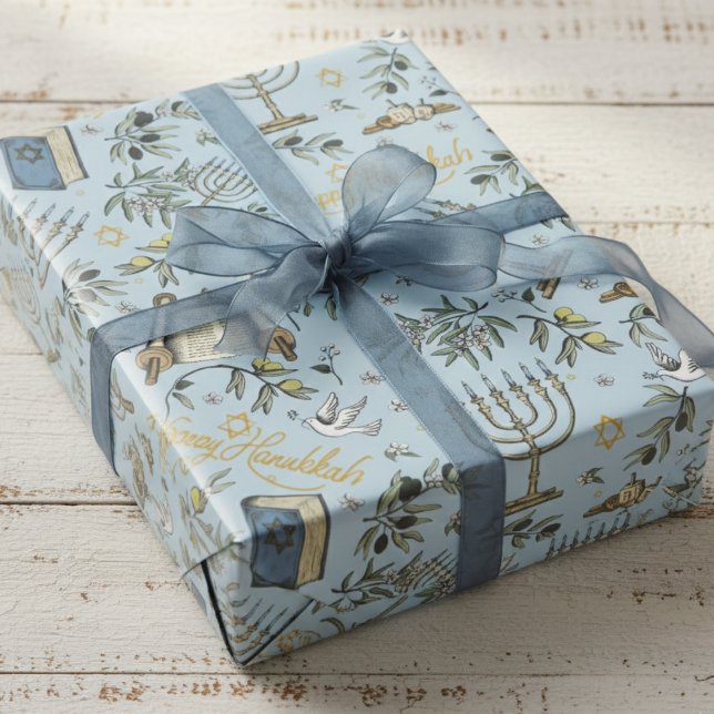 Jewish Happy Hanukkah Menorah & Olive Branches Geschenkpapier (Elegant Blue Menorah, Star of David, Dreidel & Olives Wrapping Paper for Jewish Holiday Hanukkah)